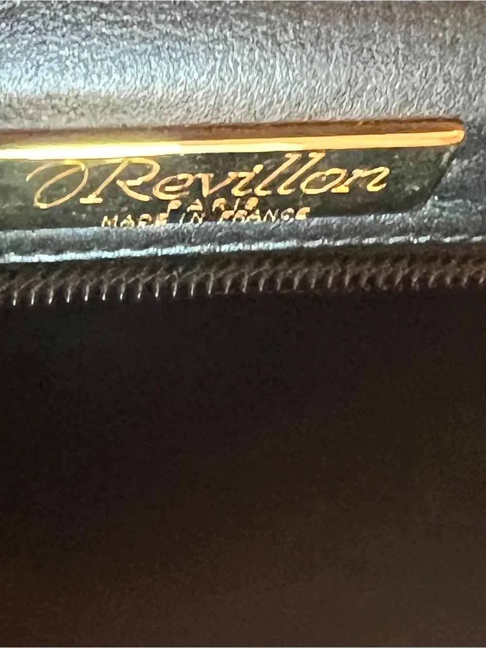 Vintage Revillon Paris Black Leather Top Handle Bag Made in France Gold Crest